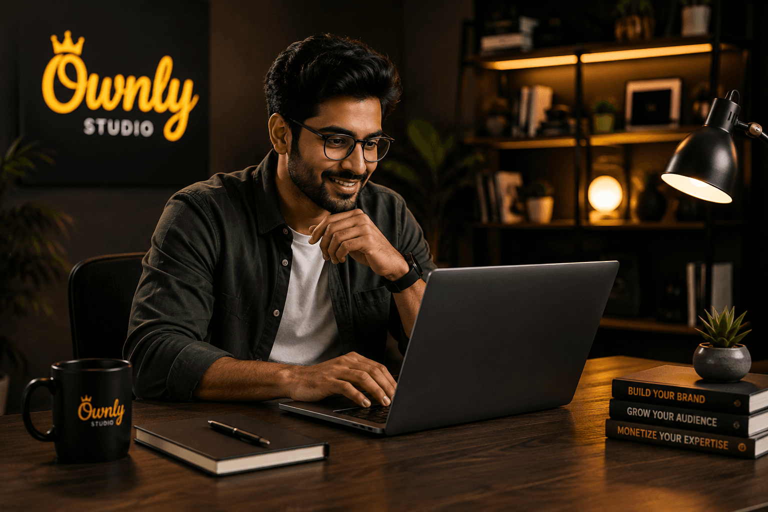 A creator working on a laptop at a desk, offering bookable coaching and consulting services
