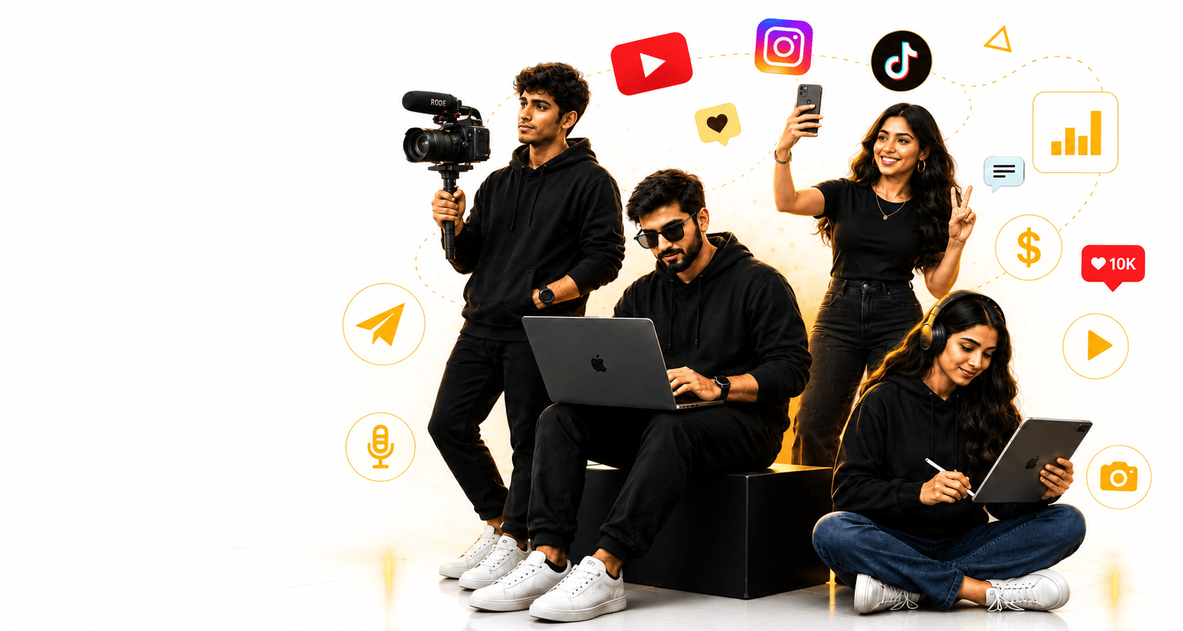 A team of Ownly Studio creators — filming, editing, and going live across YouTube, Instagram, and TikTok